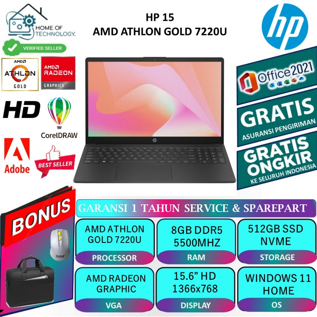 HP 15 AMD ATHLON GOLD 7220U 8GB DDR5 512GB 15.6 WIN11HOME BLACK