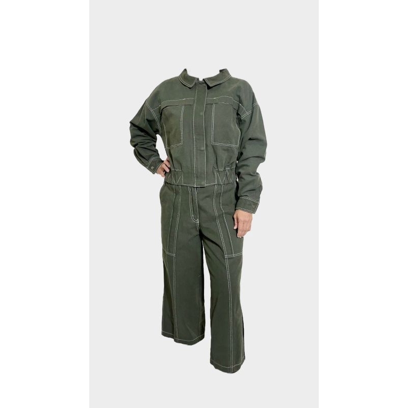 One Set Denim Jaket Celana Crop Pocket Oversize