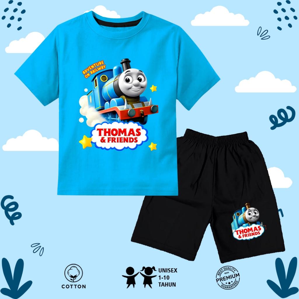 Baju setelan stelan set kaos anak cowok cewek laki laki perempuan unisex murah motif Thomas bahan ka