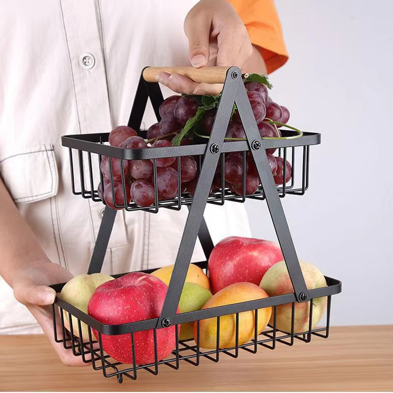 Keranjang Rak Buah dan Roti Meja Susun 2 Tingkat Bahan Besi Minimalis Aesthetic Gagang Kayu Fruit Tr