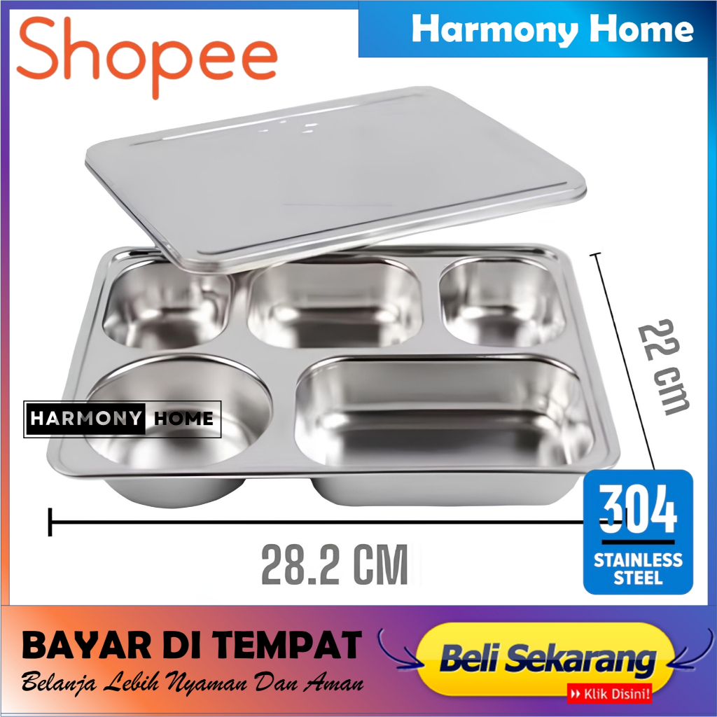 Tempat Makan 5 Sekat Stainless+Tutup Tray Baki Bento Box Stainless Catering Bekal Makan Geratis