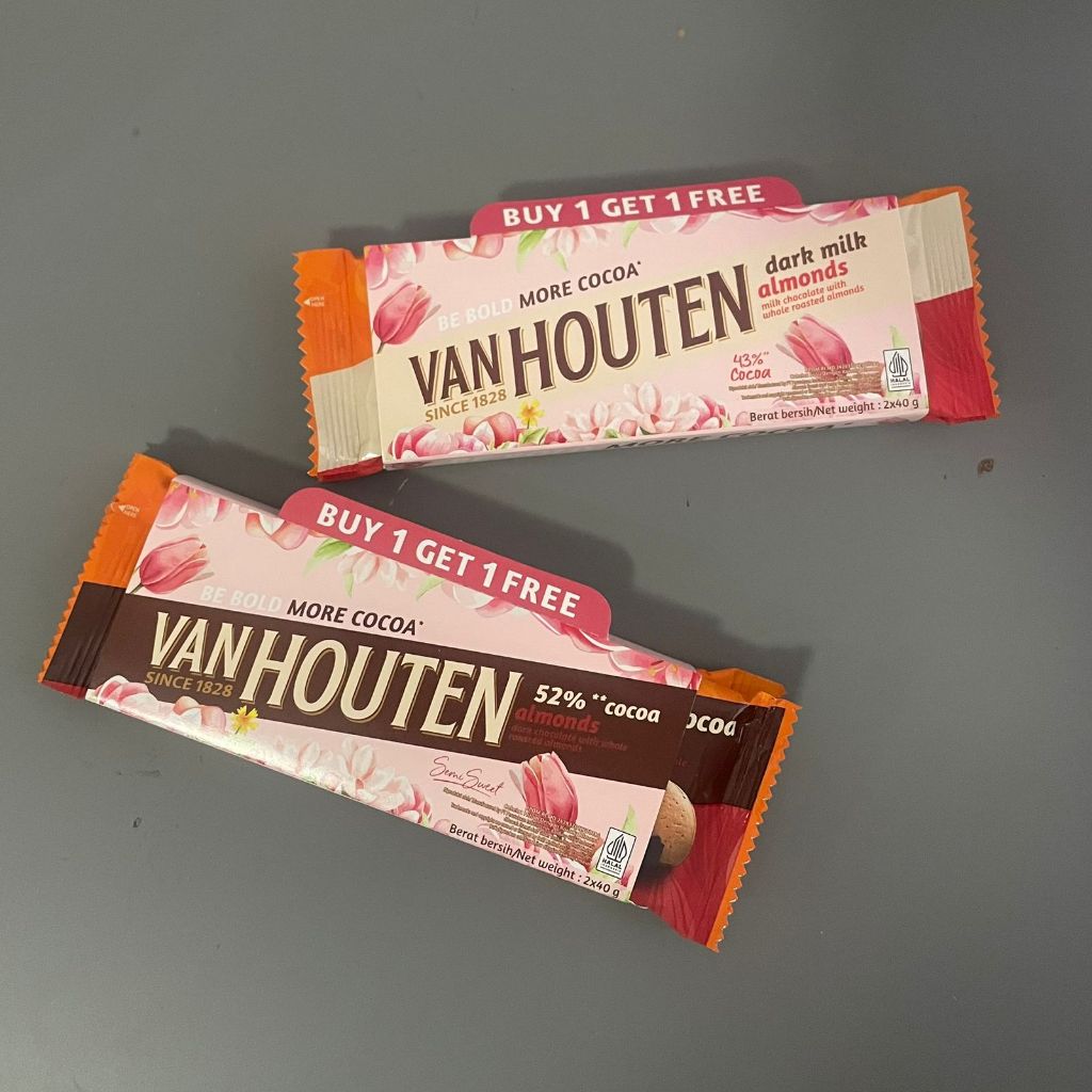 

pink BUY 1 GET 1 COKLAT VAN HOUTEN DARK MILK ALMONDS / 52% COCOA ALMONDS 40 GRAM 1 BUNDLE 2 PC