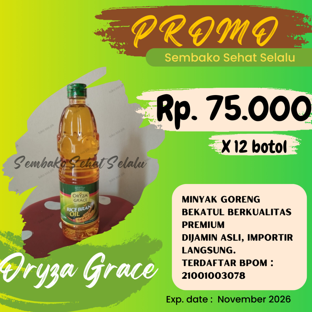 

ORYZA GRACE RICE BRAN OIL 1 LITER/Minyak goreng beras bekatul 12 BOTOL