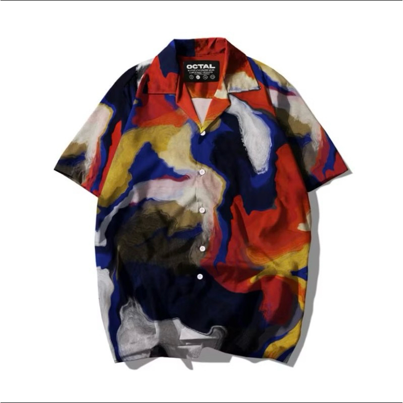 OCTAL Kemeja Motif Pattern Pantai Printing Casual Pria Wanita