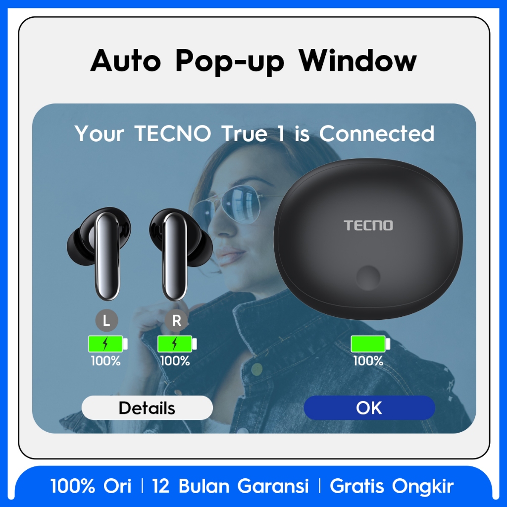 TECNO TWS True 1 Air - 42dB ANC, Auto Connection Pop-up, Multi-EQ Effects with Welife APP, 50-Hours of Playtime, 6 Mics ENS, IPX5 - Gambar 4
