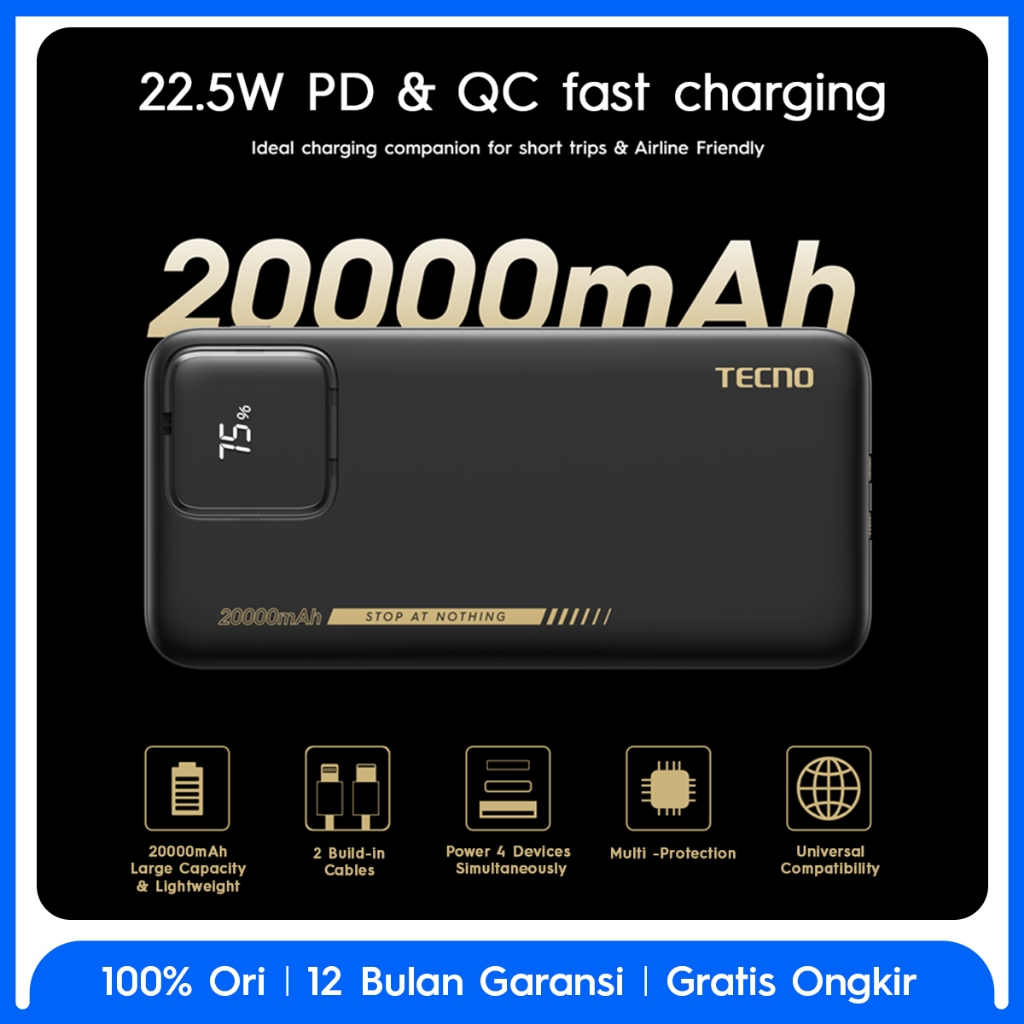TECNO Power Bank 20000 mAh, PD 3.0 & QC 3.0 22.5W Fast Charging, NTC Temperature Protection, 2 Build-In Cables & 3 Ports, LED Display-TPB-P204Q - Gambar 3