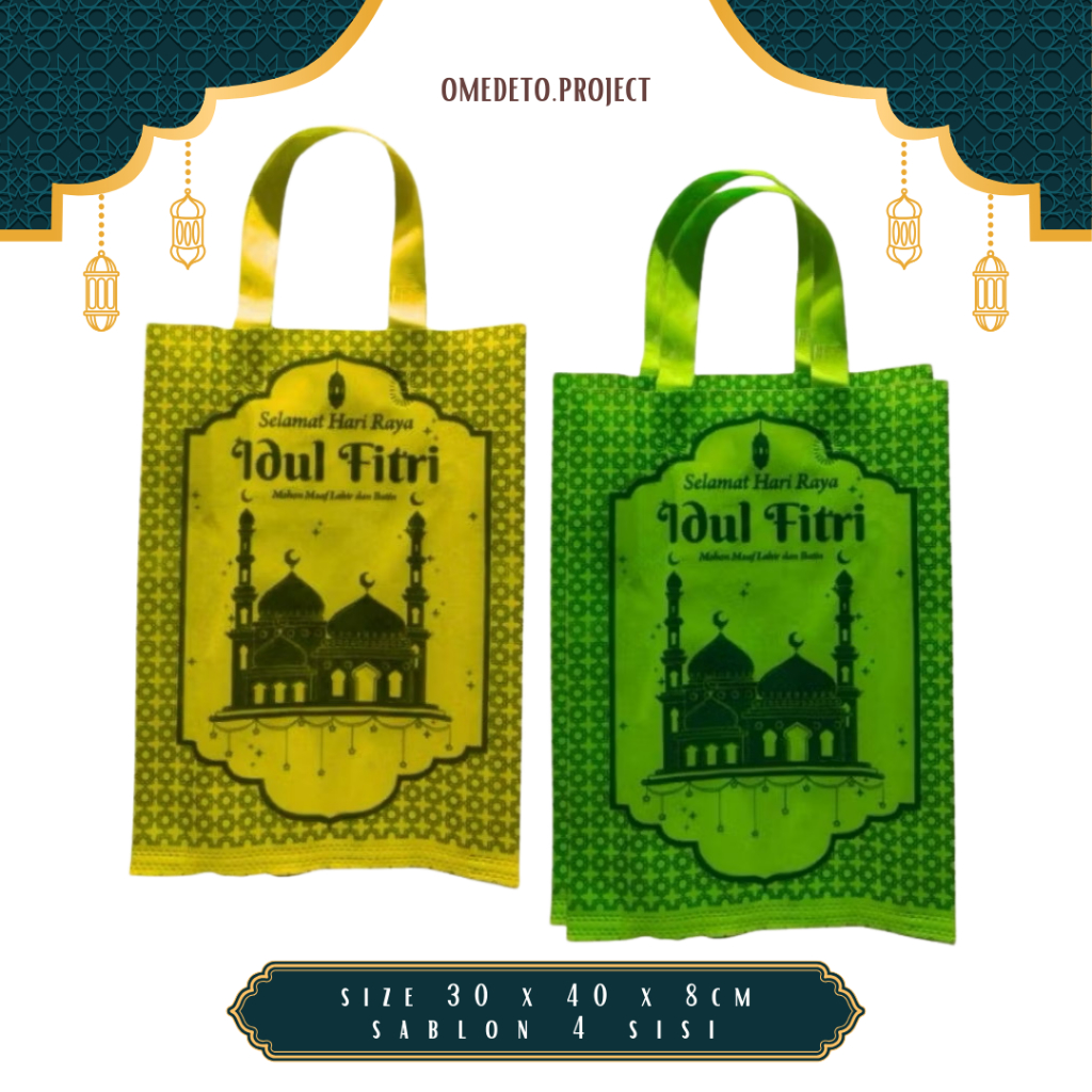 

Goodie Bag Idul Fitri Lebaran Lusinan (12pcs) | Tas Hampers Lebaran Tas Spunbond 30x40x8cm Sablon 4 Sisi