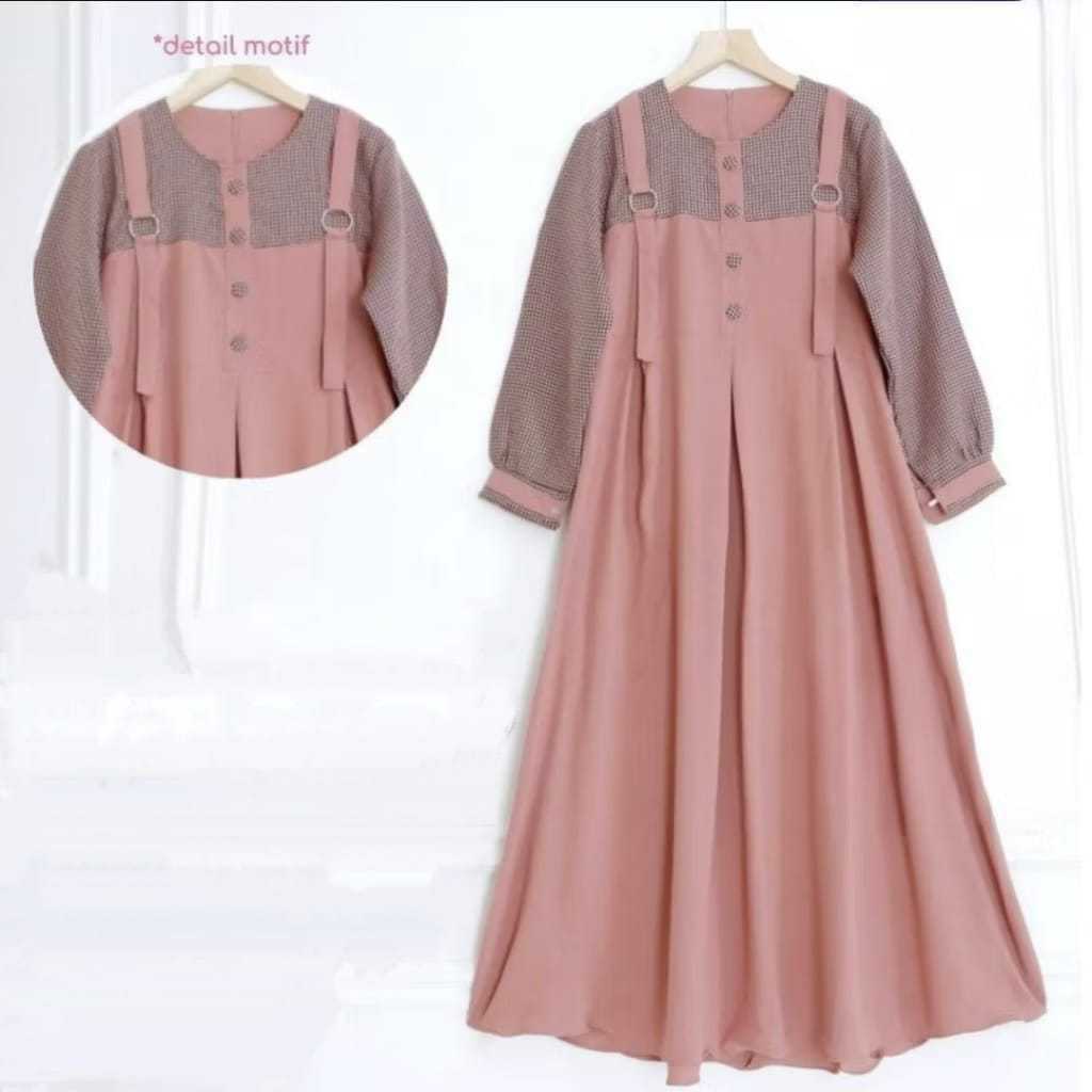 baju lebaran anak 10–12 style korea gamis anank Remaja Dress Overall Kotak mix flanel Crinkle Rempel