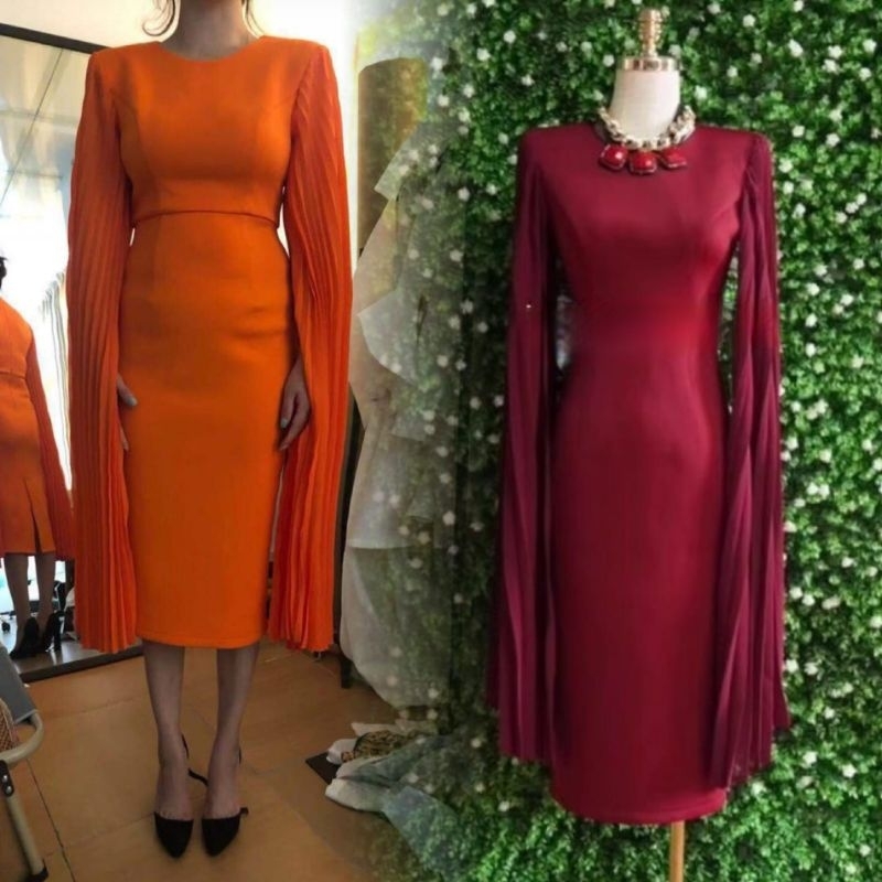 cape pleat mididress polos simple basic premium europe paris dress gaun pesta wedding akad party eve