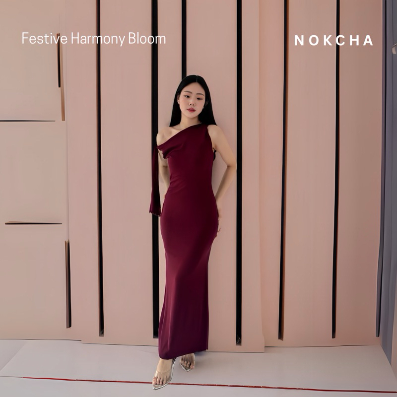 [NOKCHA] Minhee Long Dress Panjang Sabrina Maxi Party Bodycon Wanita Korean Style Lengan Puff Bahan 