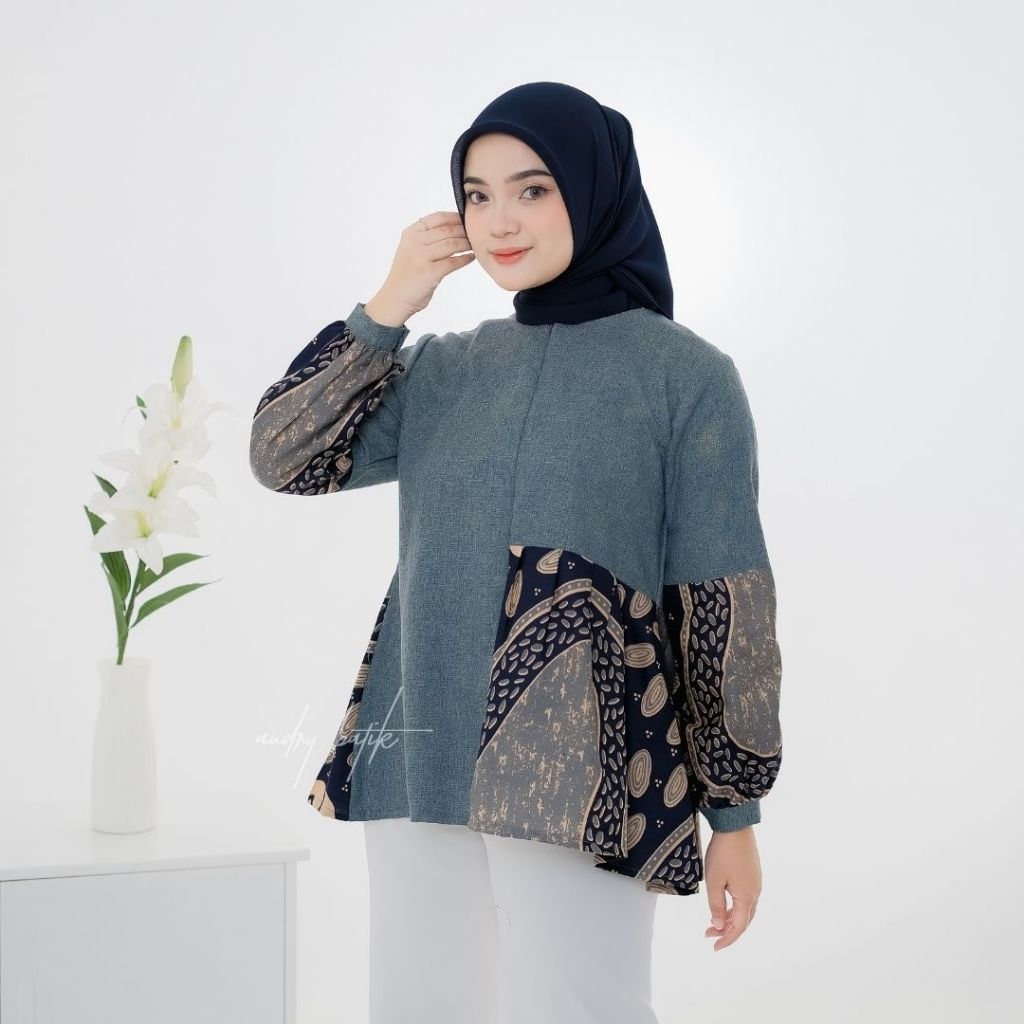 Audry Batik - Blouse Batik Kombinasi Katun Polos Untuk Wanita Panjang Hijab Kerja Motif Batik Modern