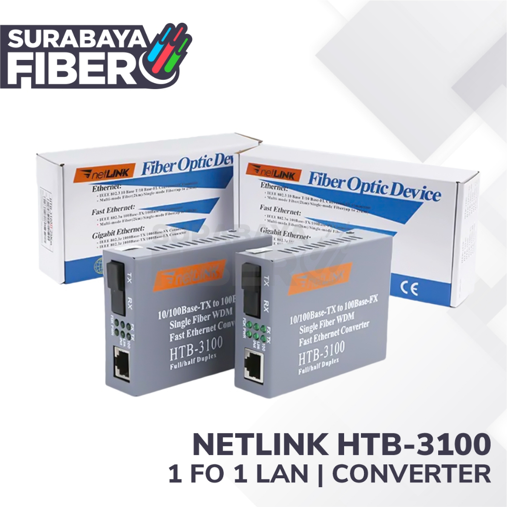 Netlink HTB 3100 1 FO 1 LAN Free Adaptor - Media Converter Non Gigabit - 2 Set Konverter Fiber Optik