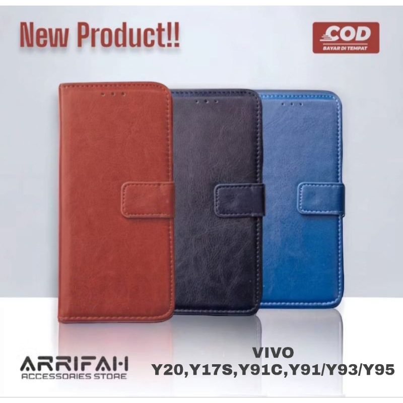 CASE FLIP COVER VIVO Y20, Y17S, Y91C, Y91/Y93/Y95 CASE WALLET DOMPET HP BAHAN KULIT