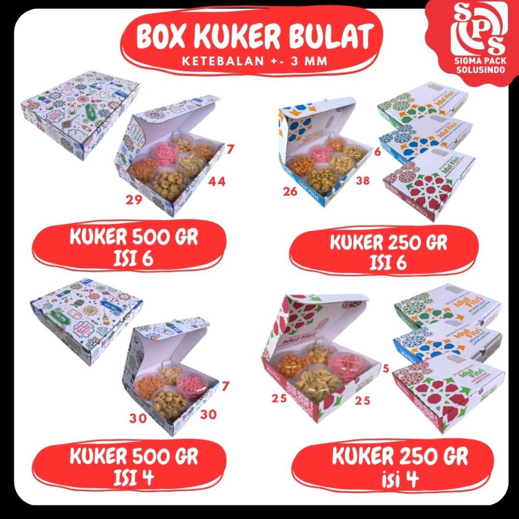

Kardus Kuker Isi 6/4 44x29x7 / 38x26x6 / 30x30x7 / 25x25x5 Toples 250gr/500gr Toples Bulat Box Ied Mubarok Dus Idul Fitri Lebaran Packing Kotak Kemasan Pizza Polos/Motif/ Hampers lebaran Idul Fitri