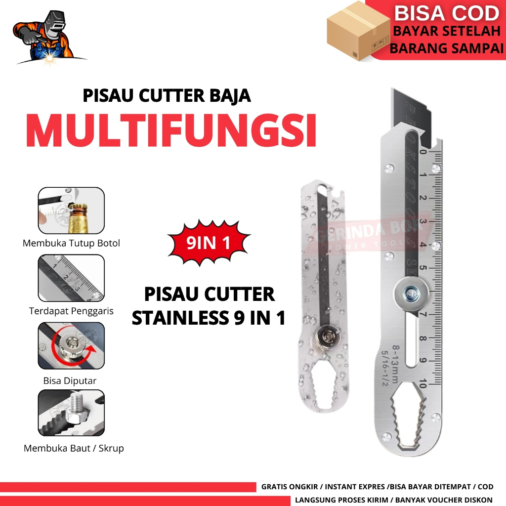 

Pisau Cutter Stainless Besi 9in1 Cutter Stainless Pemotong Kertas Tajam Anti Karat / Knife Cutting Tool Bottle Cutter Serbaguna