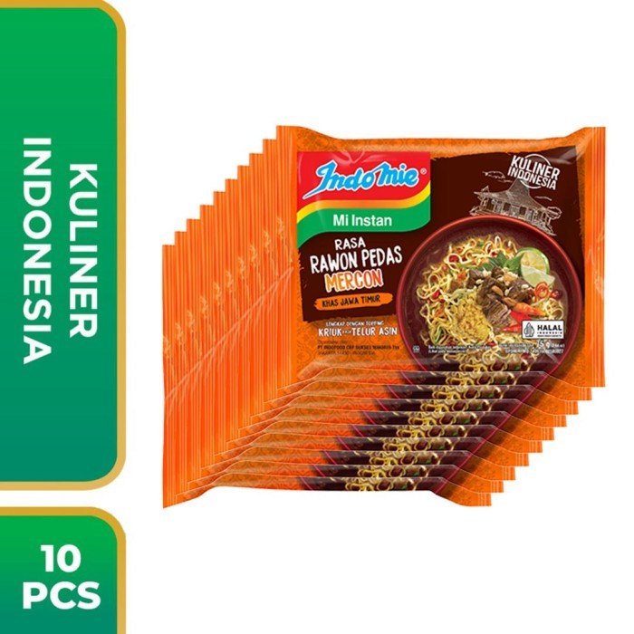 [ Paket 10pcs ]  Indomie Mi Instan Kuah Rasa Rawon Pedas Mercon 75g