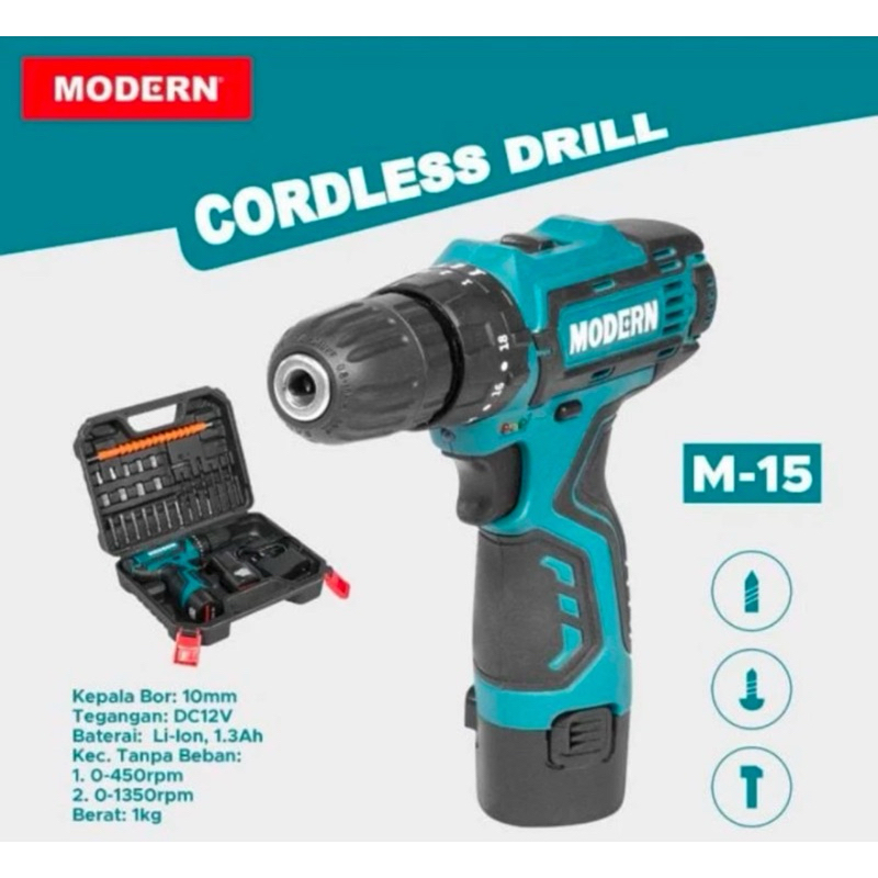 Mesin Bor Baterai Impact Cordless Drill Modern M-15 10 mm 12V (2 Baterai) M15