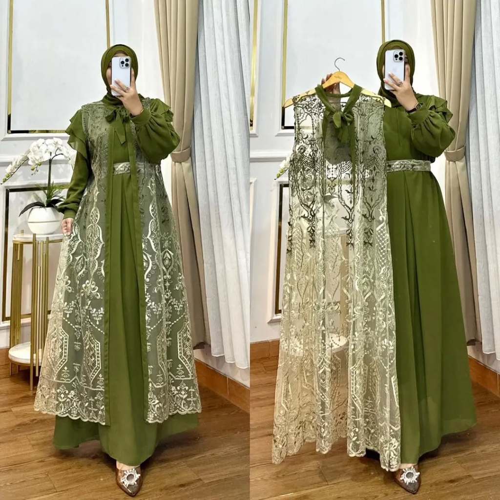 DRESS BRUKAT NASHITA DRESS GAMIS PESTA MEWAH CERUTY MIX BRUKAT DRESS GAMIS PESTA WARNA GREEN SAGE