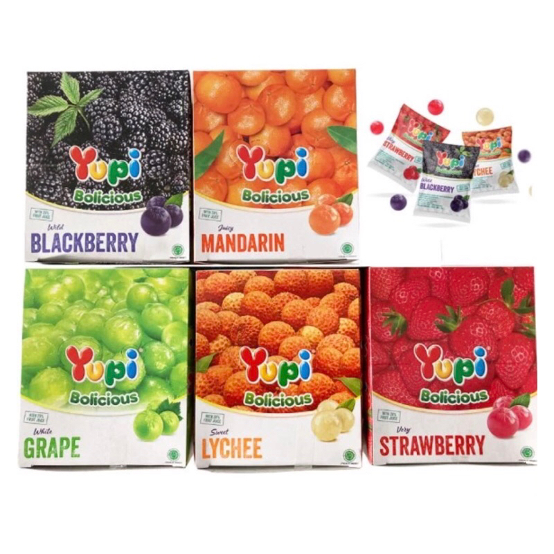 

YUPI BOLICIOUS 1 BOX isi 24 pcs Rasa Strawberry,Blackberry,Mandari,Leci,Mango,Whitegrape