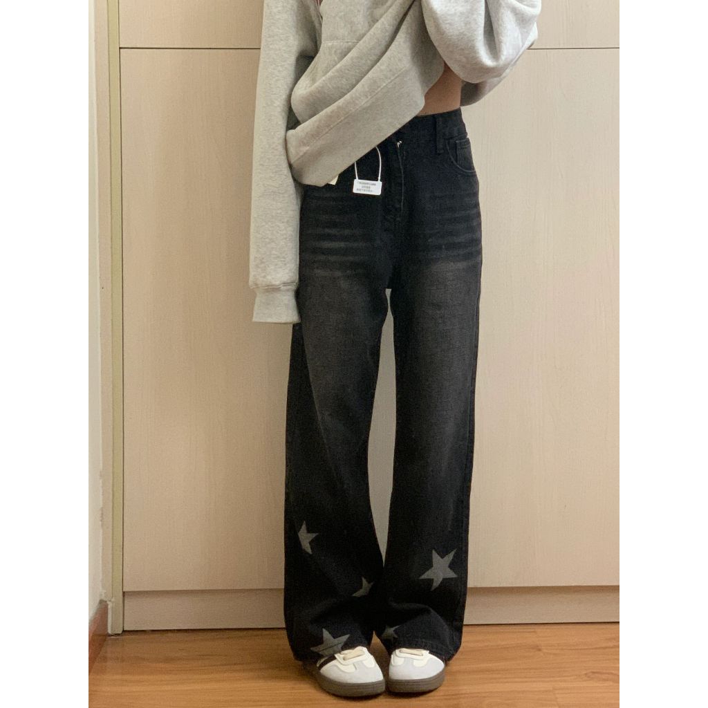 Highwaist kulot jeans wanita korean style kelabu hitam celana jeans wanita longgar bermotif bintang