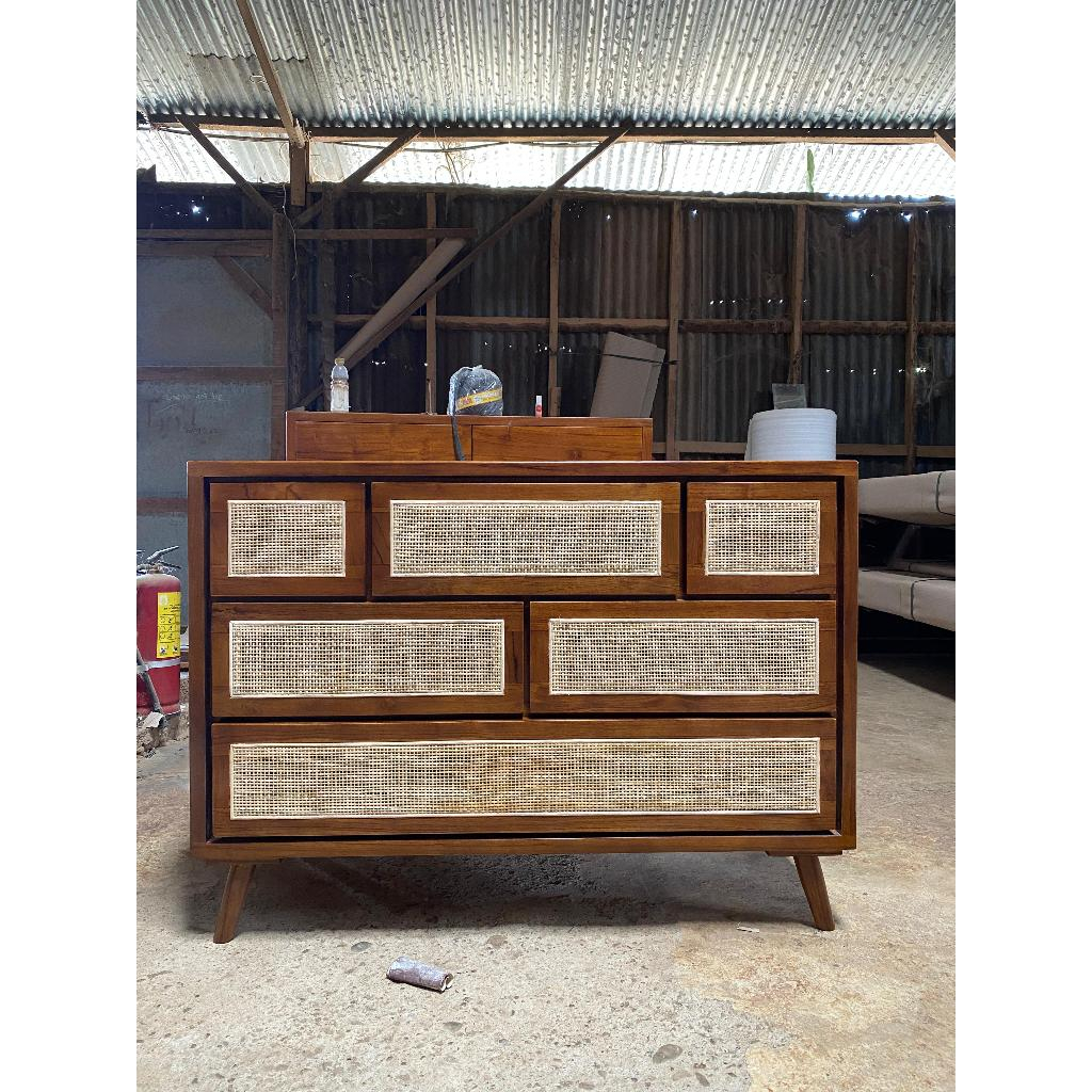 Cabinet caca kayu jati kombinasi rotan asli 6laci