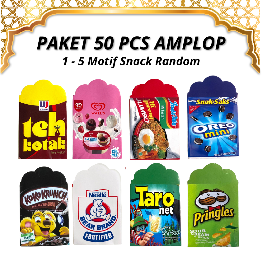 

AMPLOP LEBARAN 2025 MOTIF SNACK ( ISI 50 LEMBAR ) BAHAN GLOSSY | TINGGAL PAKAI