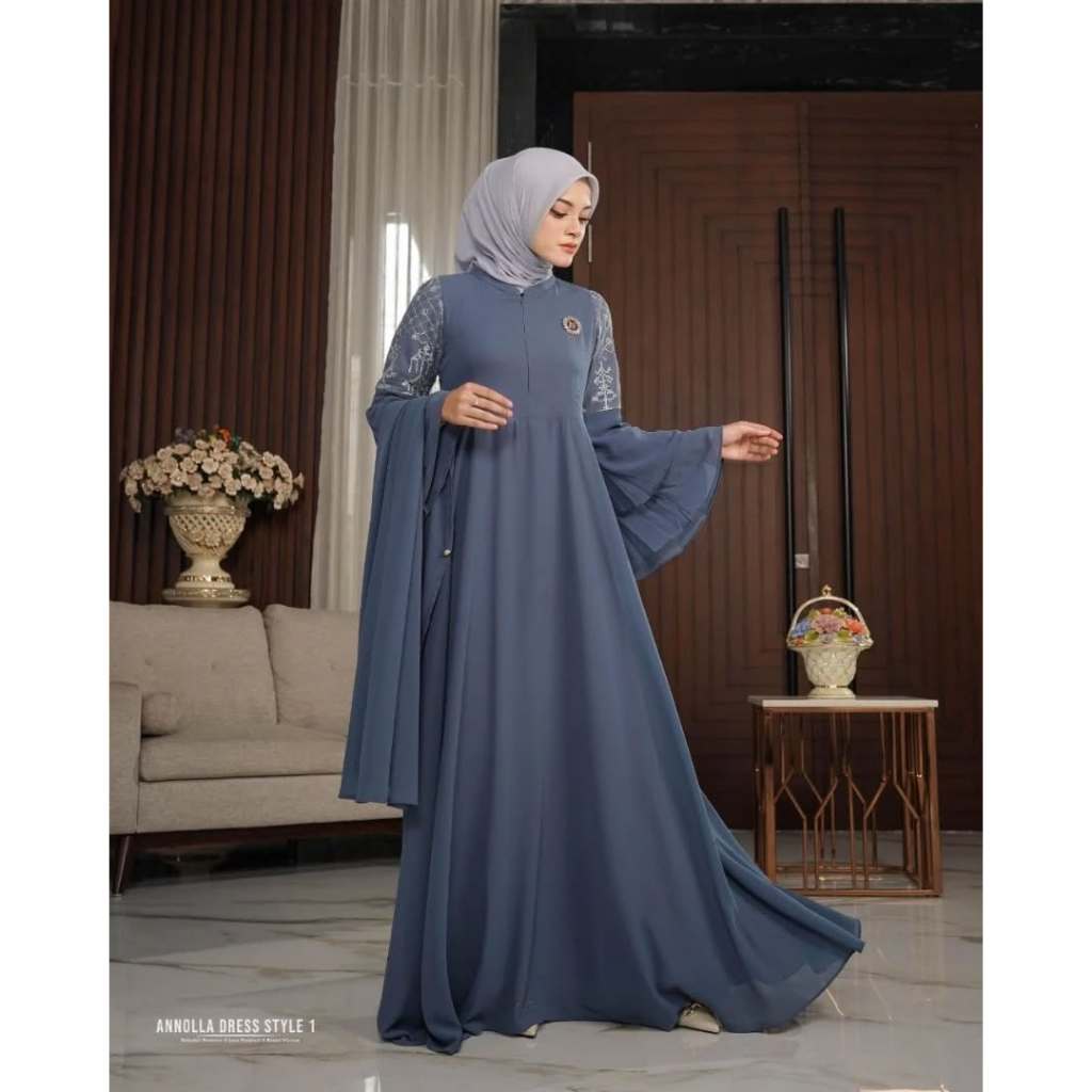 Annola Dress Gamis Bahan Ceruty Baby Doll Gamis Lebaran Model Terbaru Dress Kondangan Wanita Cantik 