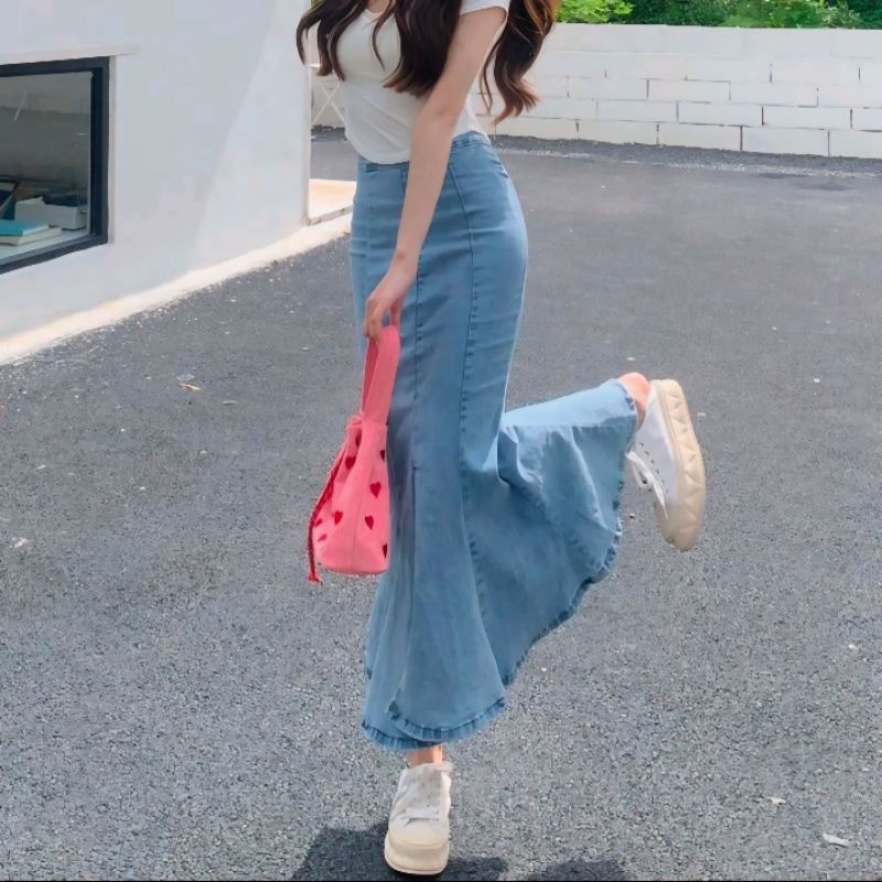 Denim Mermaid skrit wanita hight Waist slim A-line Elastic Mid-lenghit Hip Skirt Seluler