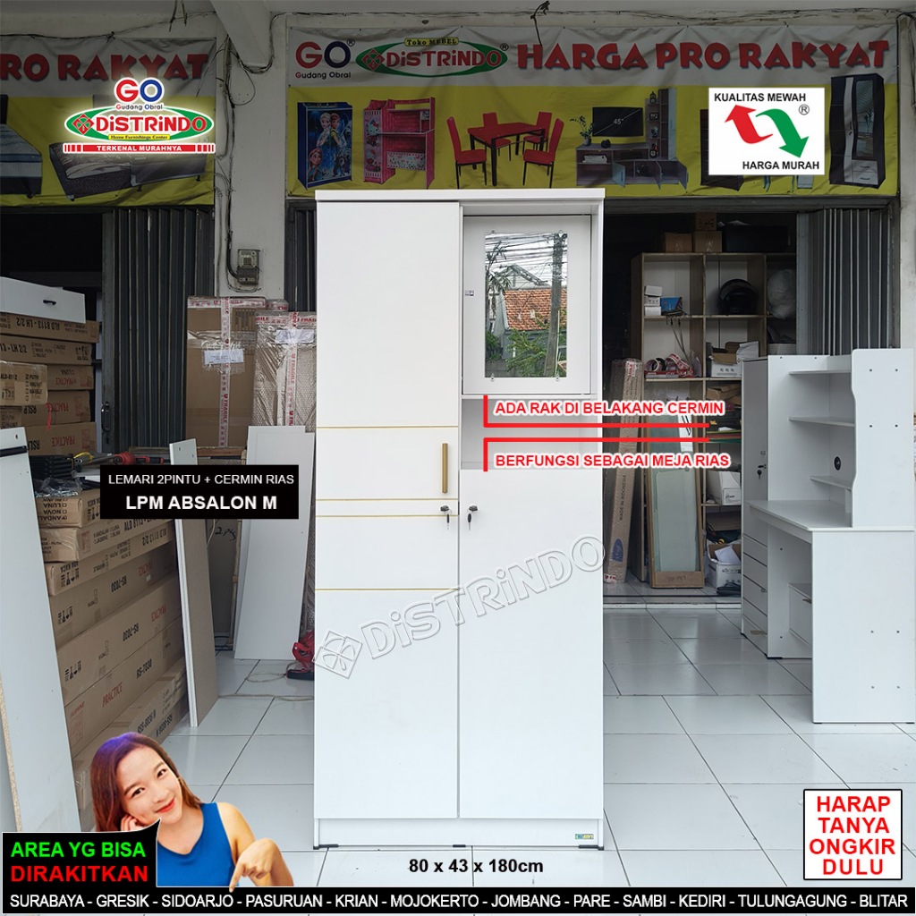 Lemari Baju 2Pintu / Almari Pakaian Sekaligus Rak Makeup Putih Halus Mewah