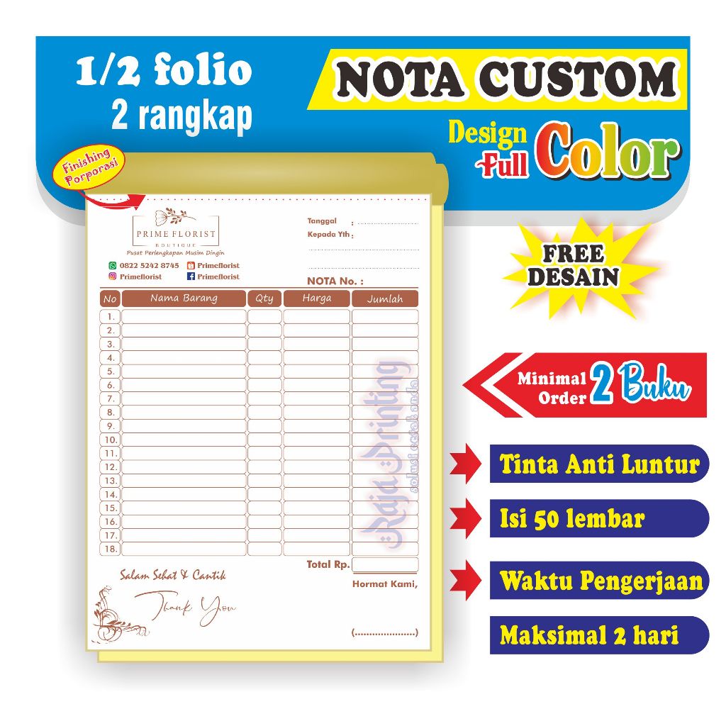 

Nota Custom full color 1/2 folio 2 rangkap gratis desain bisa satuan