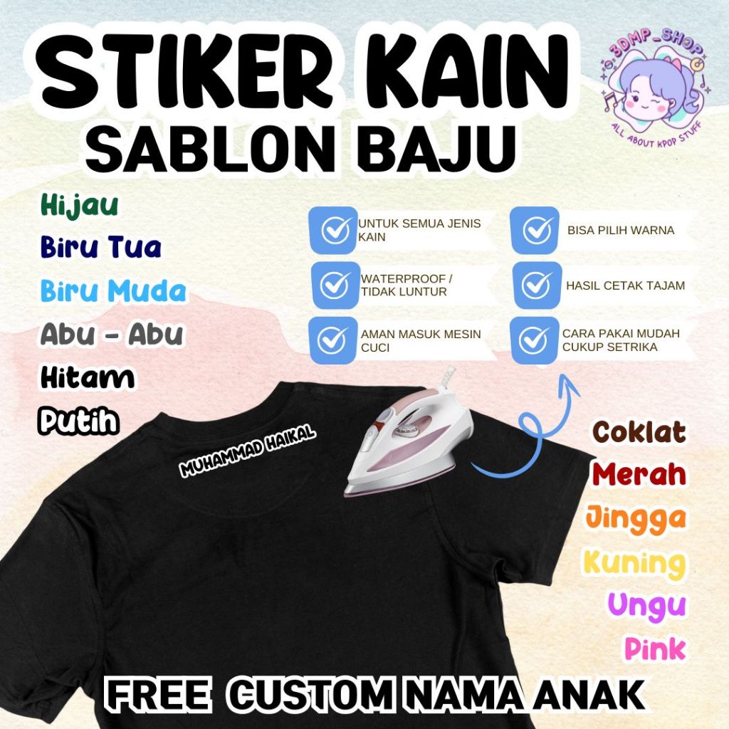 

Stiker nama kain baju custom label sablon setrika laki laki pria perempuan gadis wanita anak muslim sd sekolah pondok tk fullday school asrama mess pesantren