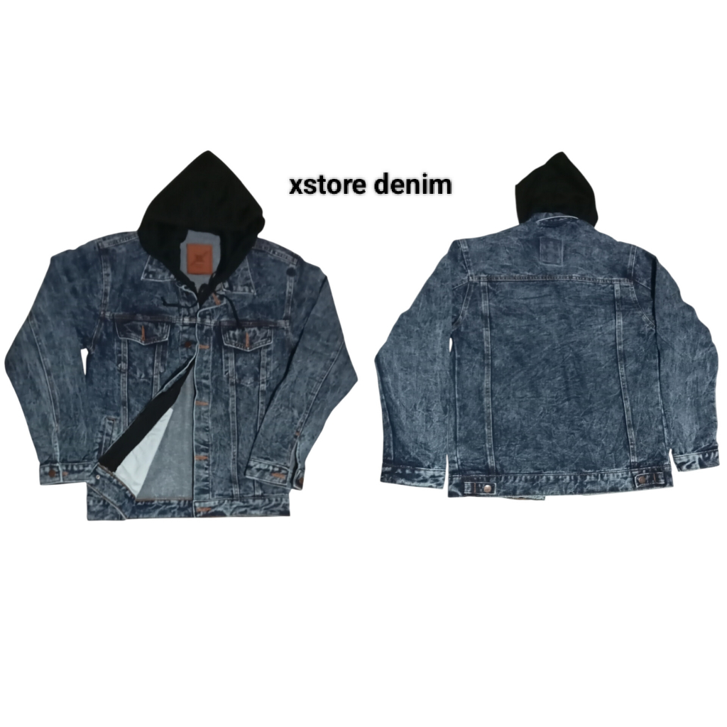Jaket Jeans Denim Hoodie  Double Sleeting sandwash biru