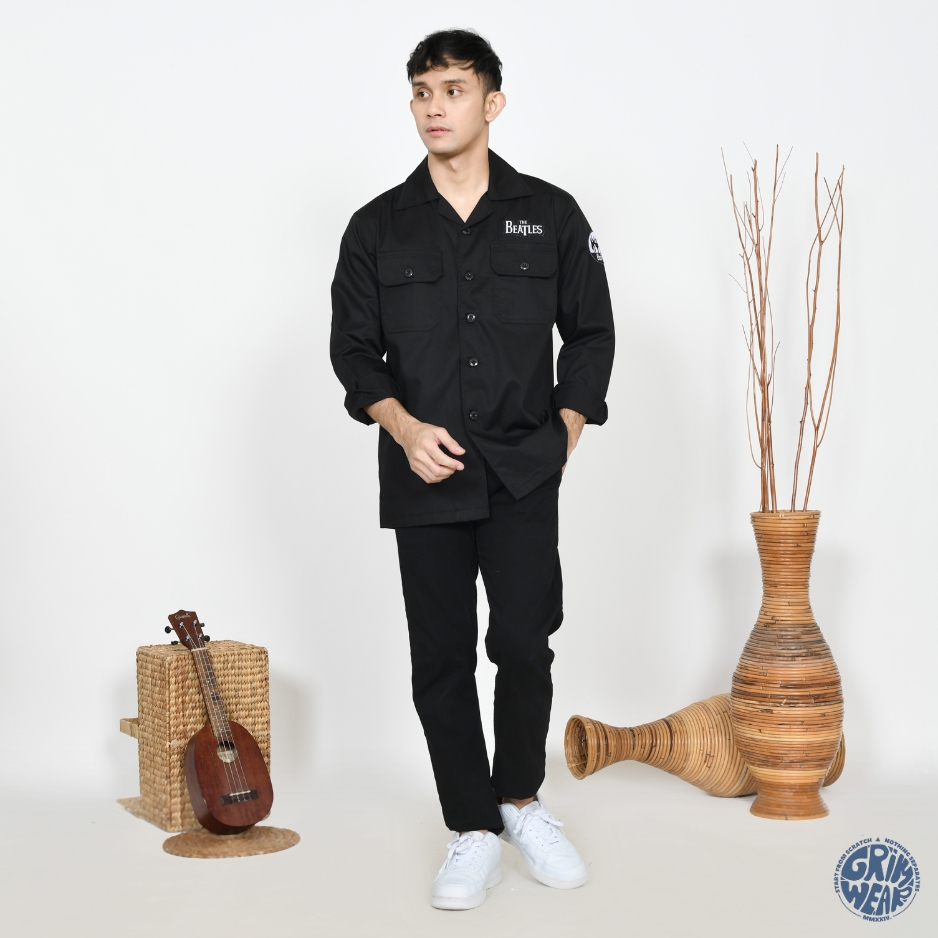 Kemeja Pria Unisex Workshirt Lengan Panjang Hitam Patch Band Musik