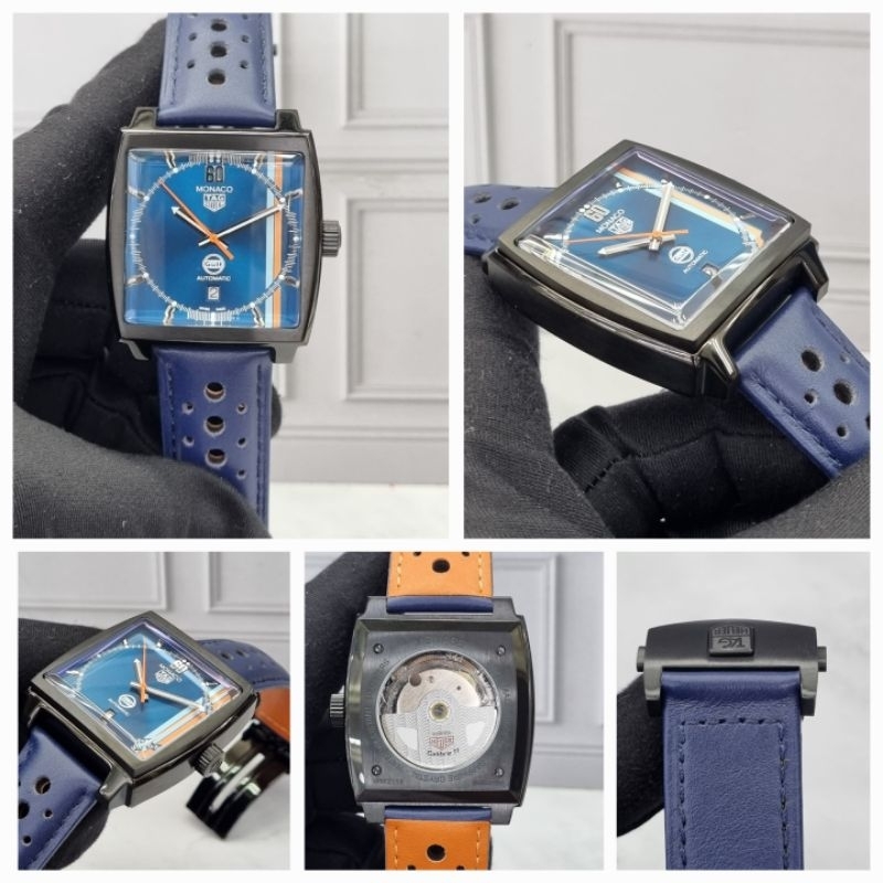 JAM TANGAN PRIA TAG HEUER MONACO GULF BLUE CALIBRE 11 LEATHER AUTOMATIC JAPAN SUPER QUALITY