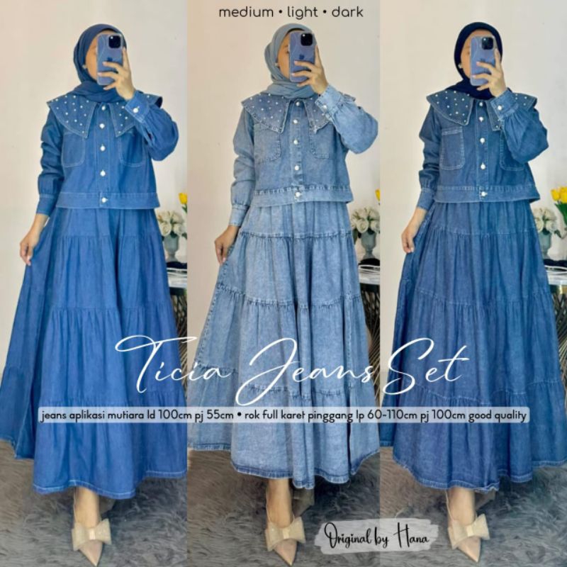 TICIA JEANS SET| ONE SET JEANS WANITA KEKINIAN BUSUI | SETELAN TUNIK ROK