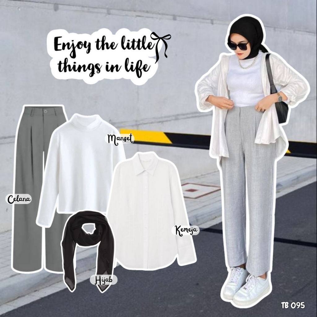 Setelan Baju Wanita Casual Outfit Kemeja Putih Inner Manset Putih Celana Knit Abu Hijab Bella Square