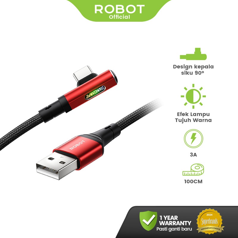 ROBOT Kabel Data Charger Gaming 90 Derajat Fast Charging 3A Type C Lightning Micro USB dengan 7 Lamp