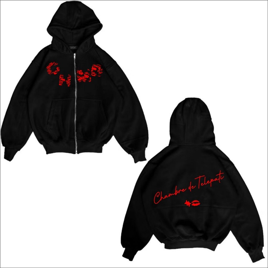 Jaket Hoodie Boxy CHMB Kiss Black Zipper Distro Casual / Sweater Hoodie Boxy Double Zipper CHMB Prem