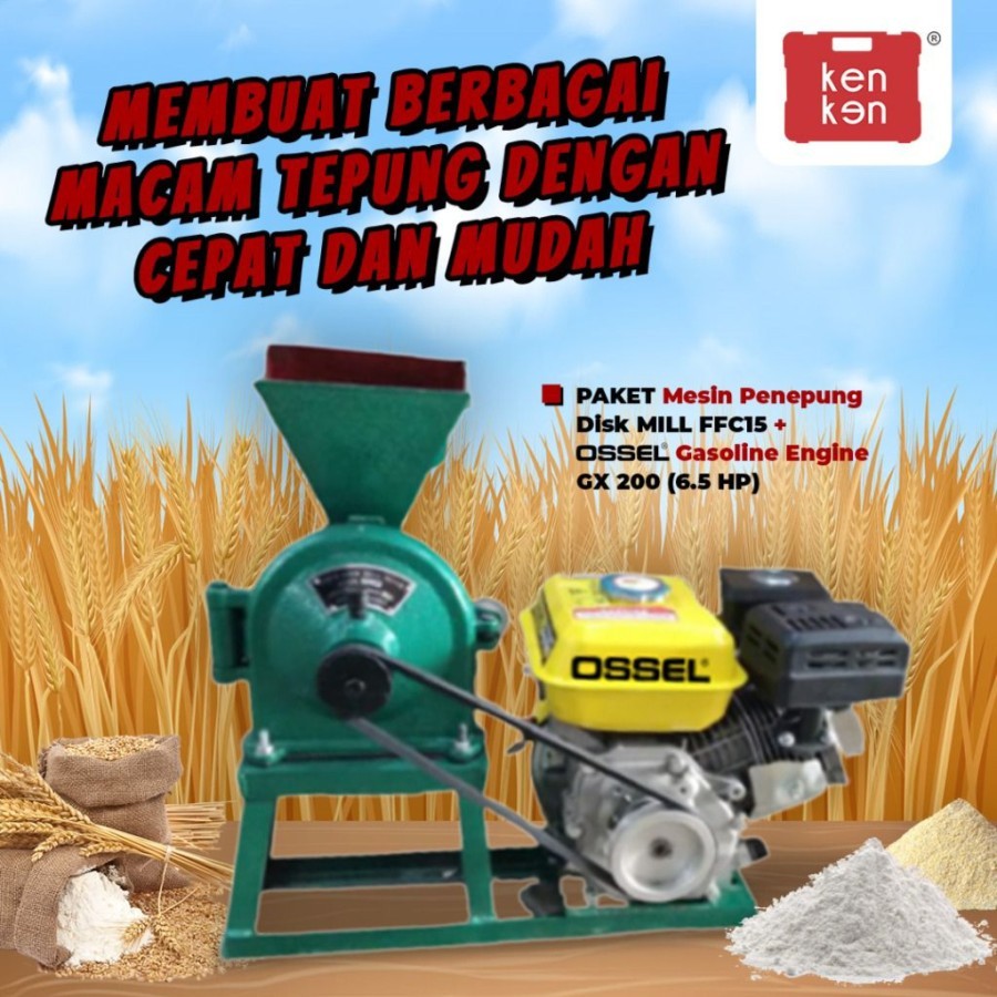 OSSEL TESLA Mesin giling bumbu tepung disk mill FFC 15 + penggerak bensin 6,5 hp - GX200 TESLA OSSEL