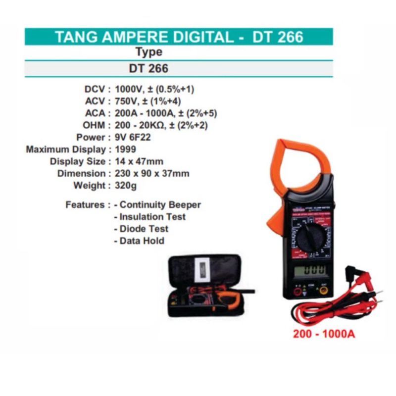 Tang Ampere Digital Clamp Meter DT266 Multimeter Wipro DT 266