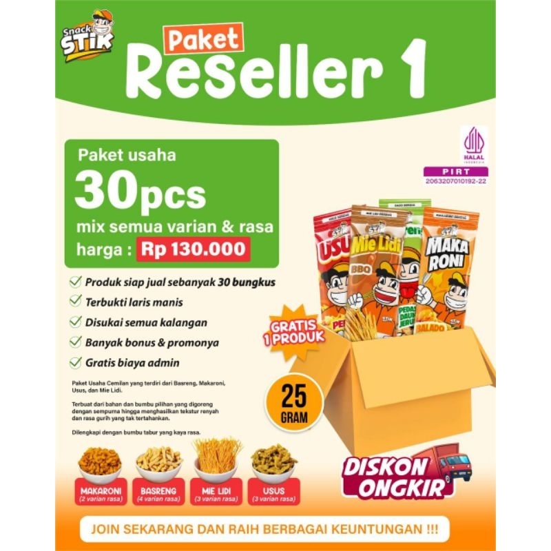 

Paket Usaha Snackstik dapat 30 Bungkus ukuran 25gr Varian Basreng, Mie Lidi, Macaroni dan Usia Crispy