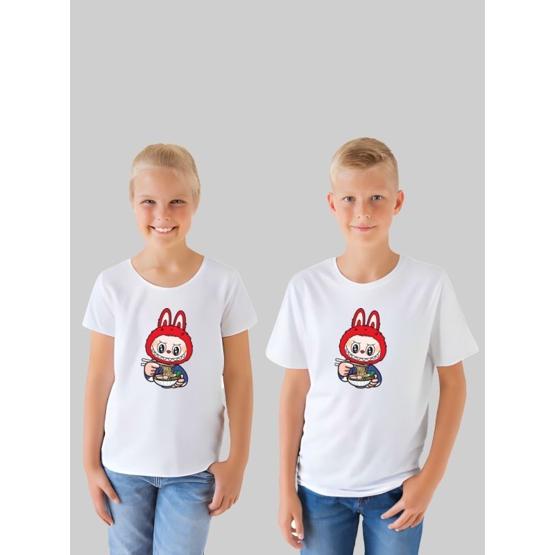 Kaos Putih Anak Premium Labubu Ramen/Udon-Catton Combed24s