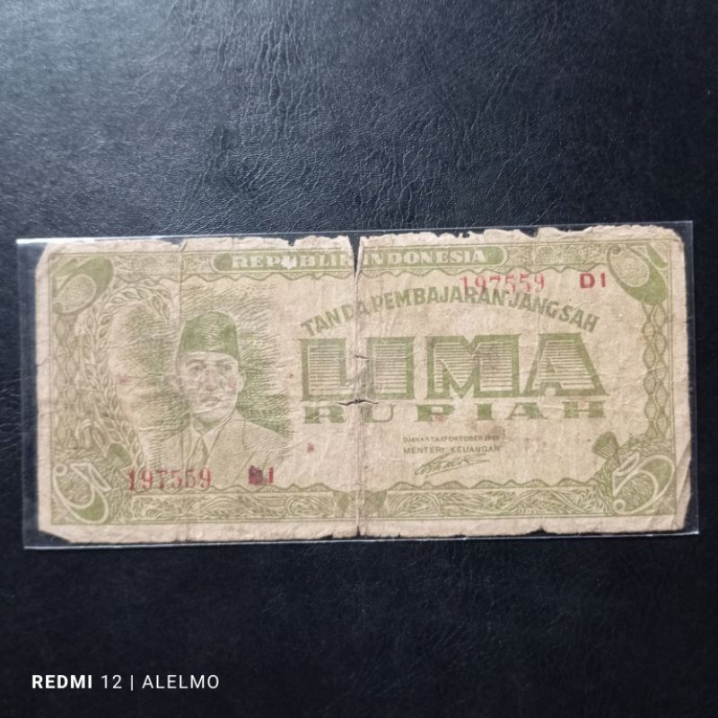 uang kertas 5 rupiah seri ORI tahun 1945 bekas asli