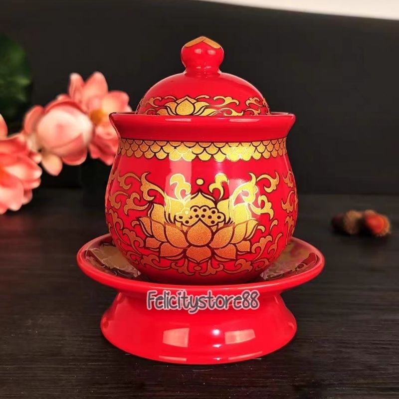 Cangkir keramik Merah Teratai Besar Cangkir sembahyang keramik Teratai Merah Set Tutup
