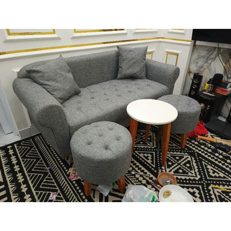 ( 47 ) sofa minimalis set bench tangan P + 2 pcs stool dan free meja sofa costume