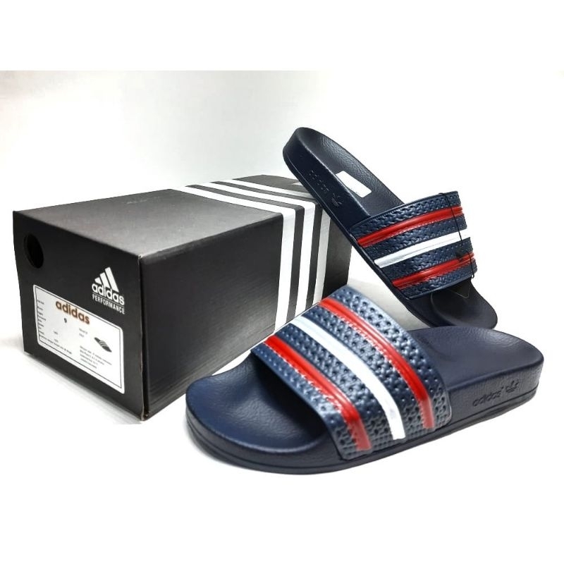 Sandal Kulit Hitam Putih dan Biru Merah