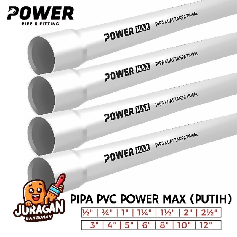 Pipa PVC POWER MAX Putih ½" | Pipa Air 1/2 inch | Pralon Air | Paralon Air