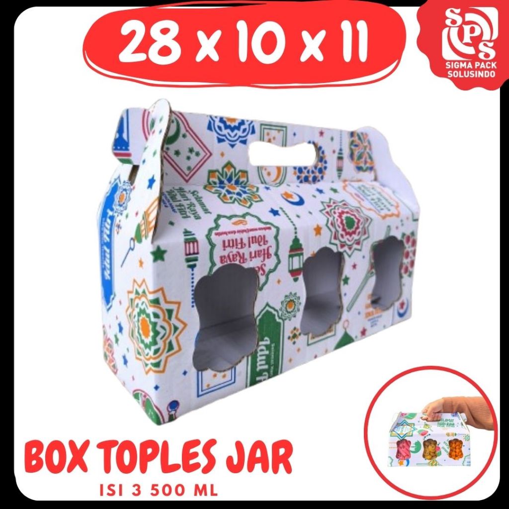 

Box Kuker 28x10x11 Jinjing (KUKER TOPLES JAR 500ml Isi 3) Kardus Kue Kering / Idul Fitri /Hampers / Lebaran / Gable Box Polos/Motif