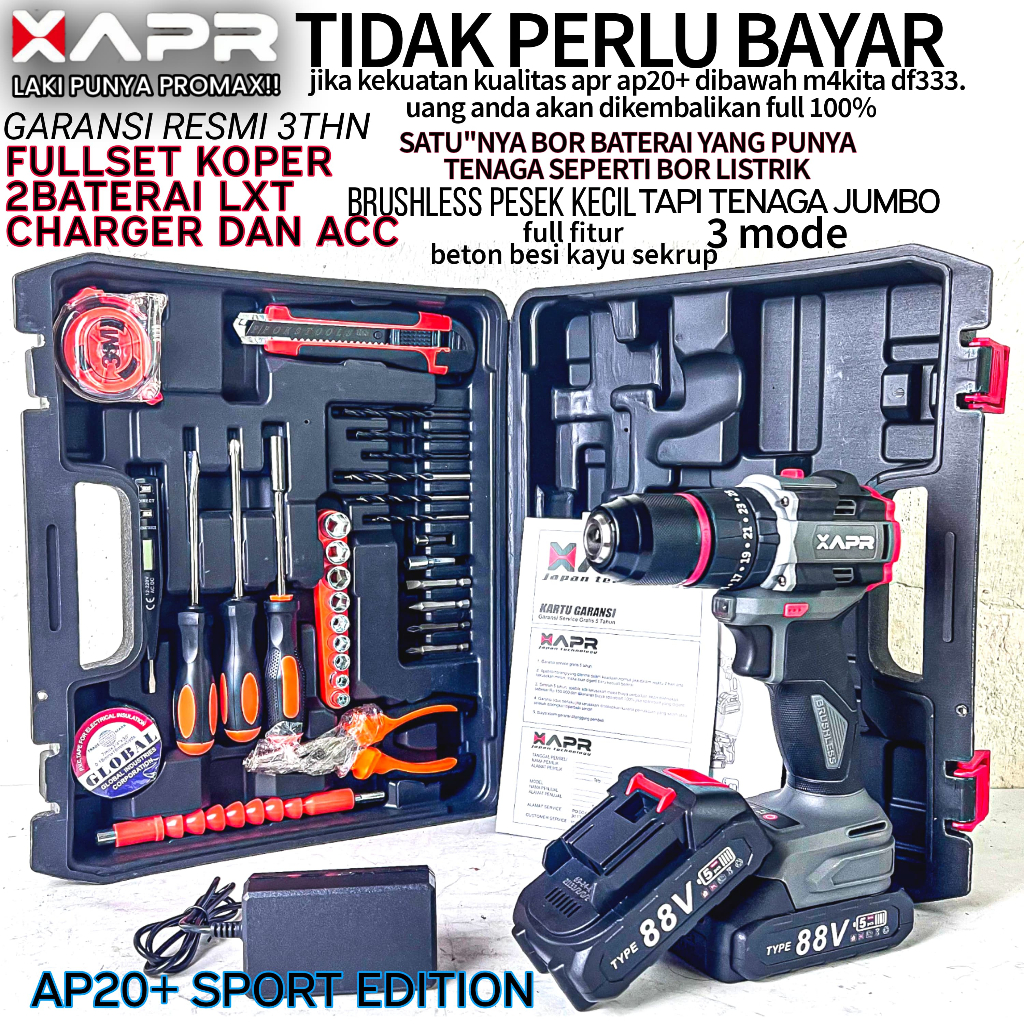 Bor cordless APR JAPAN AP20+ mesin bor baterai drill tembok besi kayu sekrup fullset COD AP20