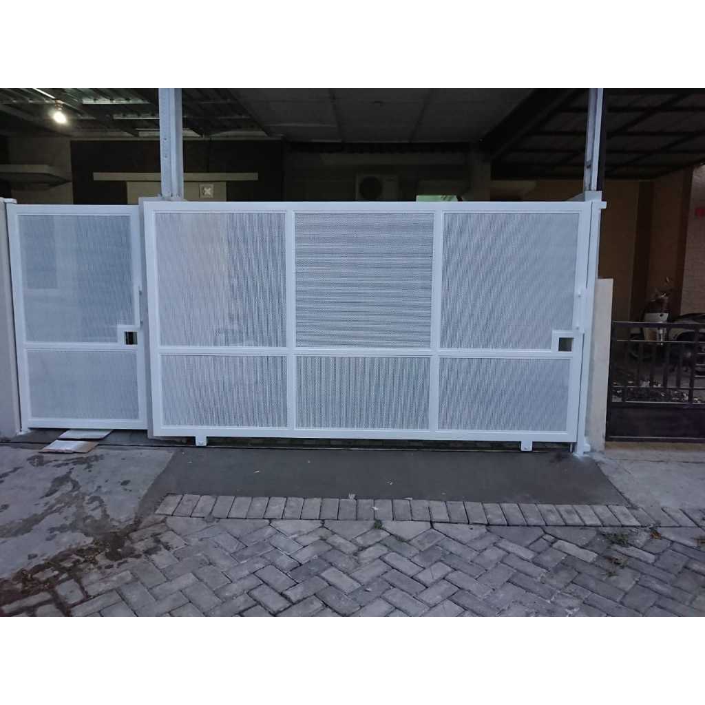 Pagar expanded plat minimalis model geser warna putih